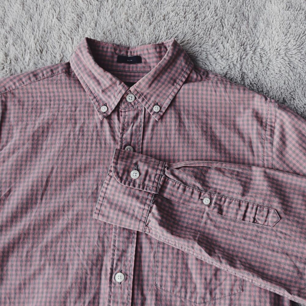 J Crew Check Shirt Men's S Pink Grey Plaid 100% Cotton Slim Fit Lightweight